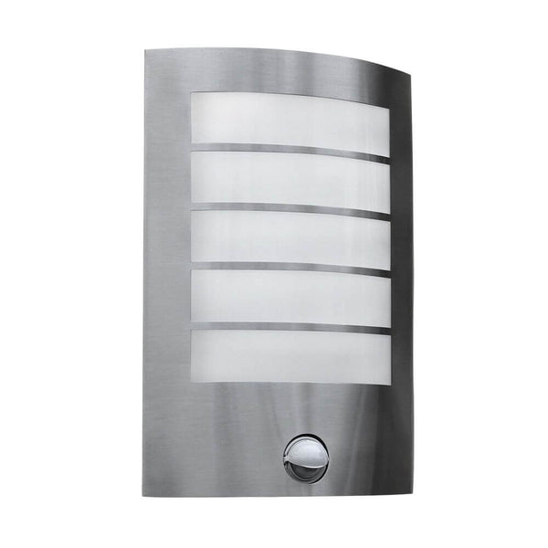 LED Außen-Wandlampe Slim mit Sensor IP44 Edelstahl in modernem Design mit Edelstahl- und Diffusor-Elementen.