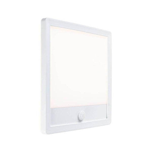 LED Outdoor wall light Lamina motion sensor white in a square shape with a white frame.