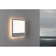 LED Außen Wandleuchte Lamina Bewegungssensor Weiß an einer Wand mit sanftem Licht und Meer im Hintergrund.