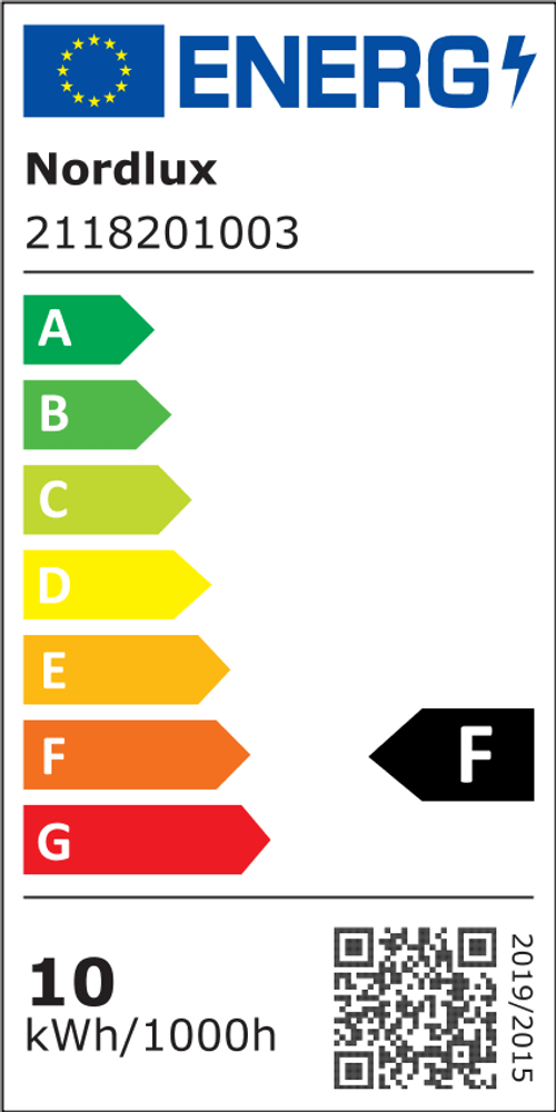 Energieeffizienzlabel für LED Außenwandlampe Grip Smart IP54 von Nordlux, Klasse F, 10 kWh/1000h.