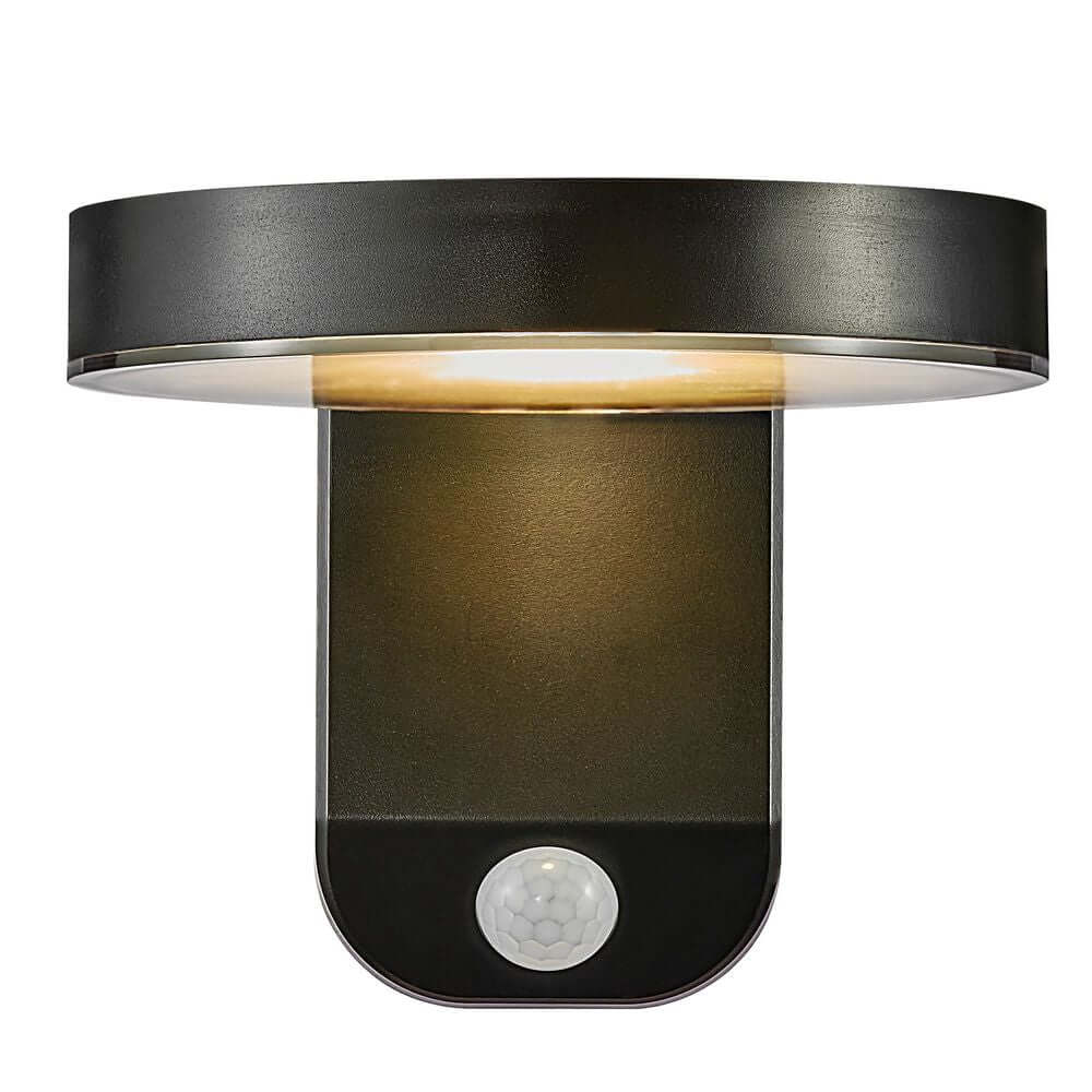 LED Außenwandlampe Rica Round Solar IP44 mit Bewegungssensor, modernes Design für Außenbereiche.