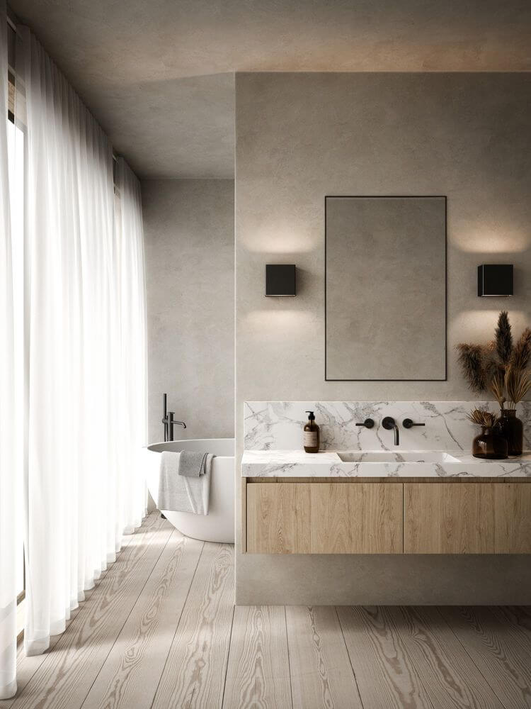 Moderner Badezimmer-Interieur mit LED Außenwandlampe Turn IP54 und eleganter Badewanne.
