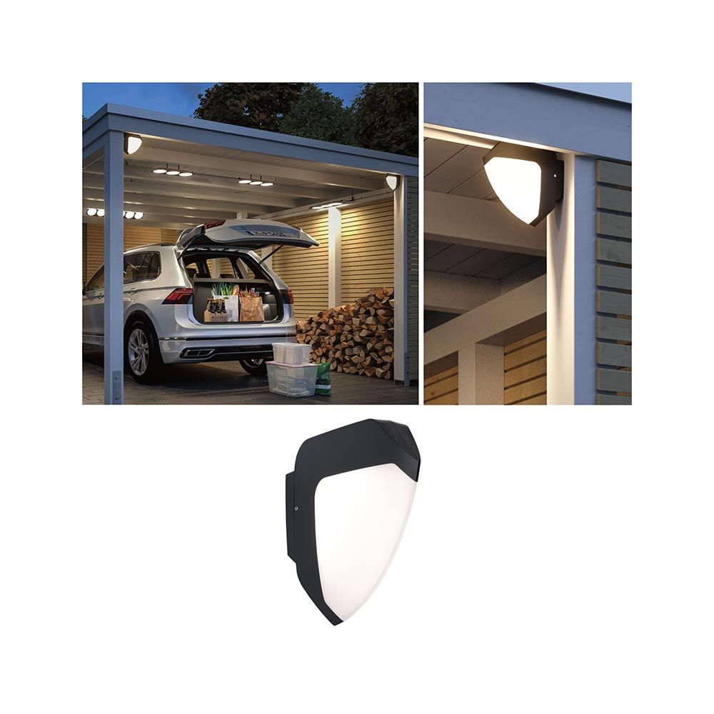 LED Außenwandlampe Ikosea in Garage montiert mit Bewegungsmelder und Dämmerungssensor für sichere Beleuchtung.