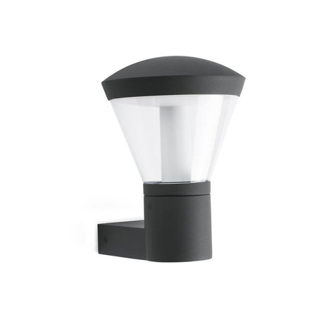 LED Außenwandleuchte SHELBY IP44 Dunkelgrau an Wand montiert mit klarer Abdeckung und modernem Design.