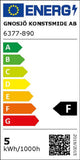 Energieeffizienzlabel Gnosjö Konstsmide AB mit F-Kategorie auf grün-rot Farbskala, Verbrauch 5 kWh/1000h.