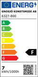 Energieeffizienzlabel für Gnosjö Konstsmide AB, Modell 6327-800, mit F-Kategorisierung und Verbrauch von 7 kWh/1000h.