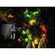 LED Biergartenkette 20er bunt 160 Warmweiße Dioden 24V, farbige Lichter in einem Garten zwischen Pflanzen.