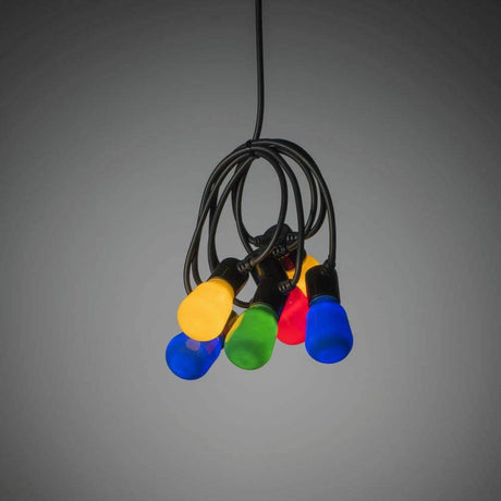 LED Biergartenkette opal 40 bunte Birnen 80 Warmweiße Dioden 6V IP44 mit bunten Leuchten auf schwarzem Kabel