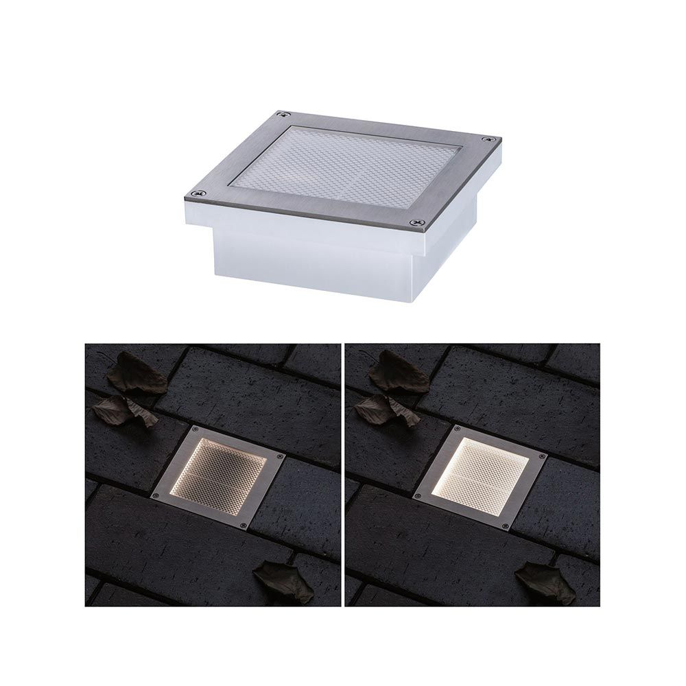 LED Bodeneinbauleuchte Brick mit Bewegungssensor, IP67, auf Steinboden montiert, zeigt Licht in der Dämmerung.