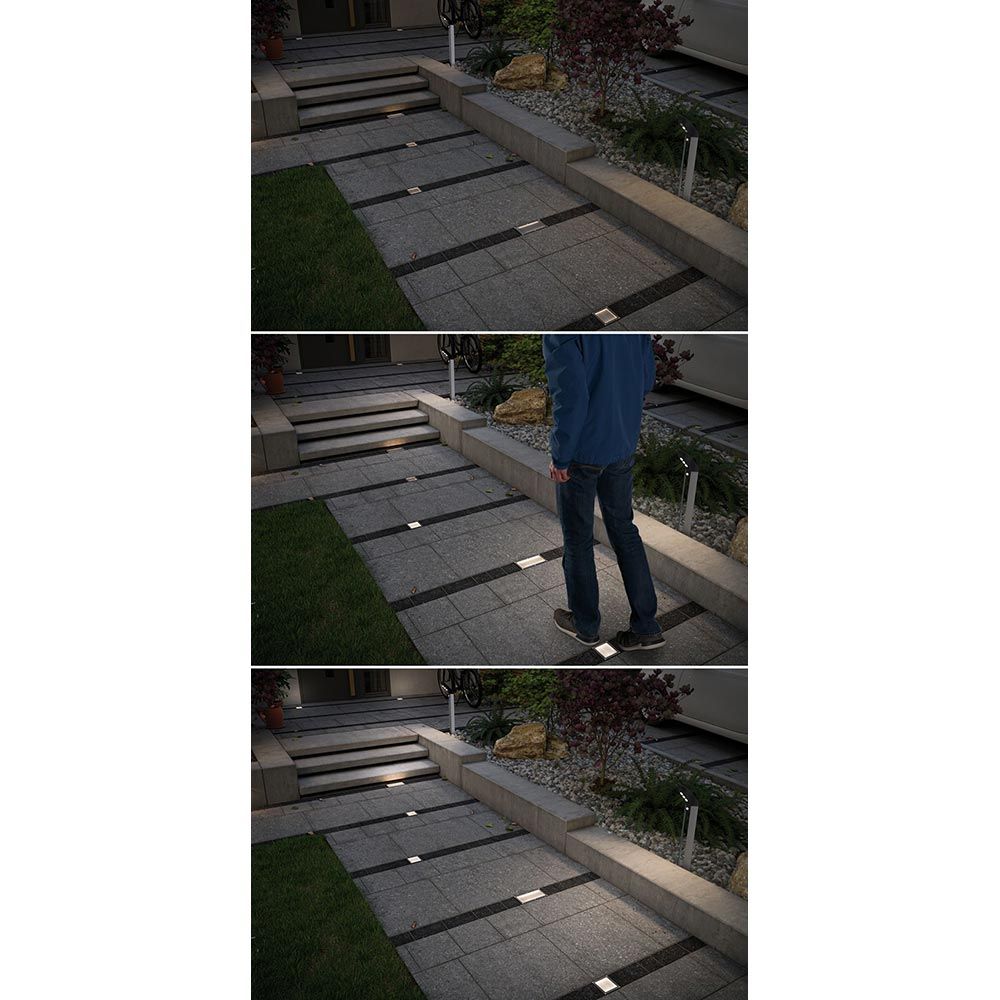 LED Bodeneinbauleuchte Brick mit Bewegungssensor erhellt Weg im Dunkeln bei Annäherung.