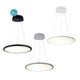 Drei verschiedene LED Ring-Hängeleuchten in Schwarz, Grau und Weiß, maximal 5600 Lumen, modernes Design.