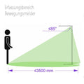 Diagramm zur Reichweite des Bewegungsmelders der LED Büro Stehlampe, mit Erfassungsbereich von 3500 mm.