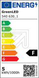 Energielabel für GreenLED 5W, Energieeffizienzklasse F, 5 kWh pro 1000h, abgebildet auf einem flachen LED Modul.