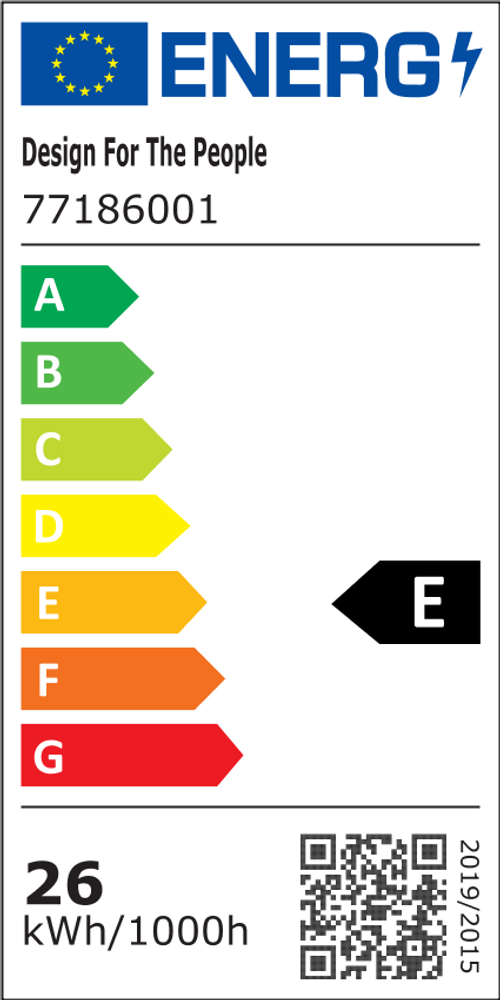 Energieeffizienzlabel für LED Deckenlampe Alba Pro 40 Weiß, Opal Weiß, zeigt Energieklasse E und Verbrauch von 26 kWh/1000h.