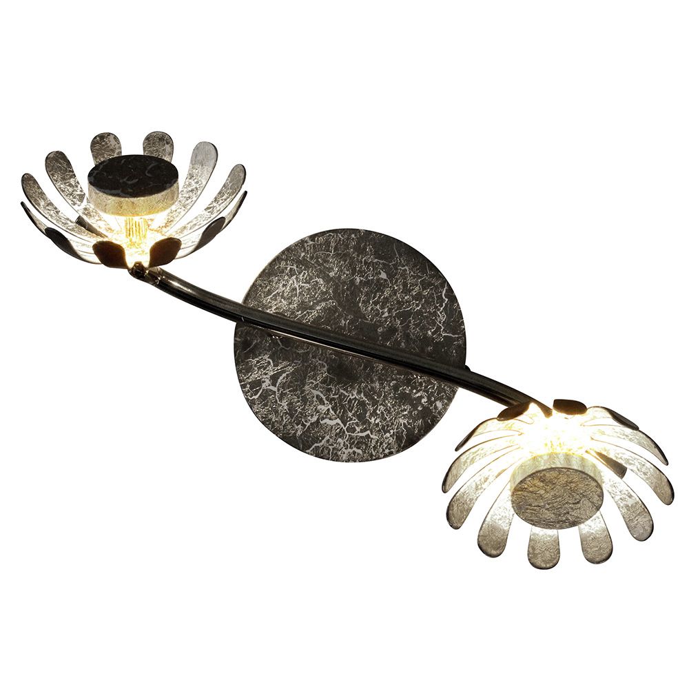LED Deckenlampe Bloom 2-flammig in Silber mit warmweißem Licht und blütenförmigen Reflektoren.