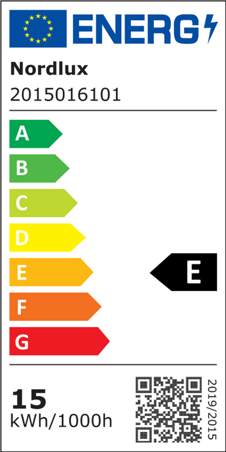 Energieeffizienzlabel Nordlux mit Bewertung E und Verbrauch von 15 kWh/1000h