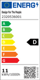 Energieeffizienz-Diagramm für LED Deckenleuchte Kaito 2 Dim, Klasse D, mit Verbrauch von 11 kWh/1000h.