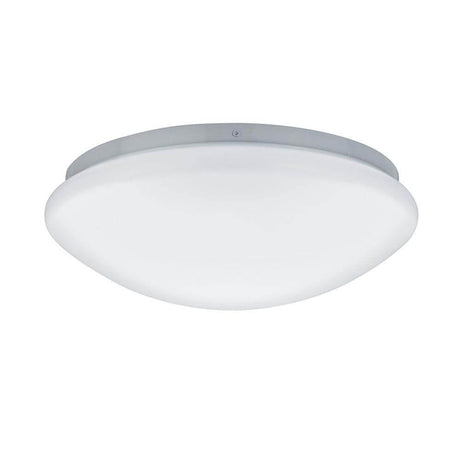 LED Bad-Deckenlampe Leonis Weiß IP44 mit rundem Glasschirm und fest verbauten LEDs in warmweißem Licht.