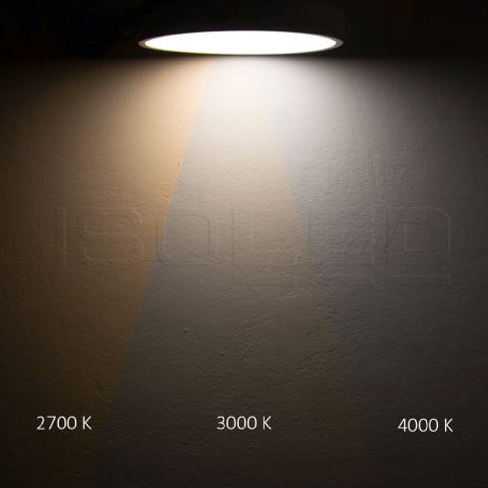 LED Deckenleuchte Meda Ø 100cm ColorSwitch 2700-4000K Dimmbar - Lichtfarbe Vergleich 2700K, 3000K, 4000K an Wand