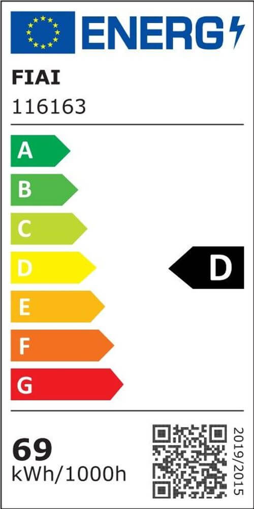 Energieeffizienzlabel mit D-Kategorie für den Energieverbrauch von 69 kWh/1000h.