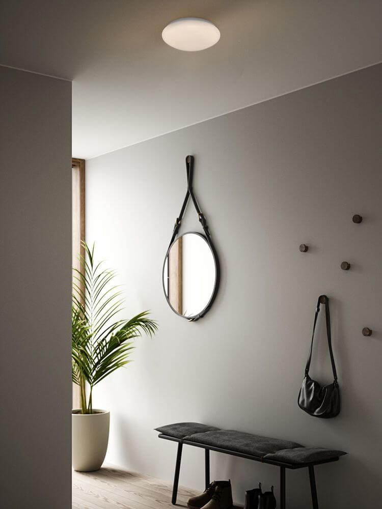 LED Deckenleuchte Montone 30 IP44 in modernem Eingangsbereich mit Spiegel und Pflanzen.