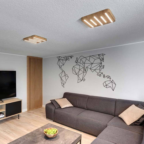 LED Ceiling light Neele 1820lm oiled oak in a modern living space with geometric wall design.