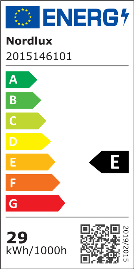 Energieeffizienzlabel der LED Deckenleuchte Oja Ø 60cm Smart Light von Nordlux, Klasse E, 29 kWh/1000h.