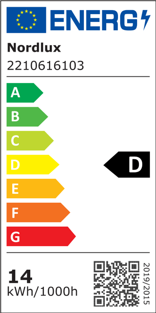 Energielabel für Nordlux mit Verbrauchsangabe und Bewertung D, 14 kWh/1000h.