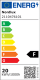 Energieeffizienzlabel für Nordlux, zeigt Klasse F und Verbrauch von 20 kWh pro 1000 h.
