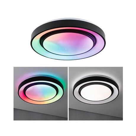 LED Deckenleuchte Rainbow RGB Schwarz Ø 47,5cm in verschiedenen Lichteffekten auf weißem Hintergrund.