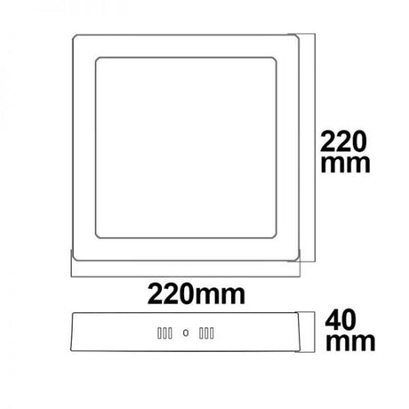 LED Deckenleuchte weiß 18W quadratisch 22 x 22cm Warmweiß Maßzeichnung mit Abmessungen 220mm x 220mm x 40mm