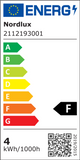 Energielabel für Nordlux Deckenstrahler: Klasse F, Verbrauch 4 kWh pro 1000 Stunden.