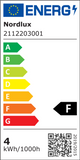 Energieeffizienzlabel Nordlux: Klasse F mit Verbrauch von 4 kWh pro 1000 Stunden.