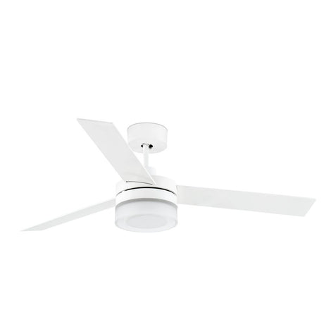 LED Deckenventilator CE 12W Weiß, Weiß-Ahorn mit modernem Design und drei weißen Blättern.