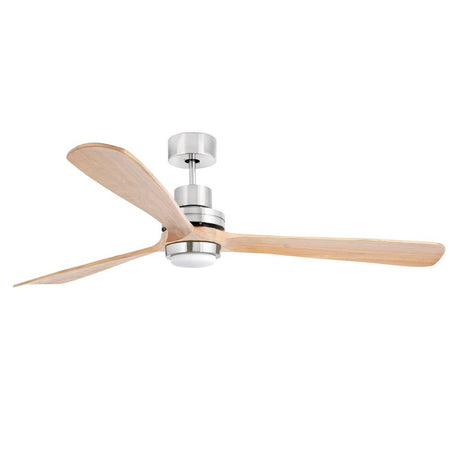LED Deckenventilator LANTAU-G Ø 168cm 3 Flügel Nickel-Matt, Kiefer mit modernem Design und Holzblättern.