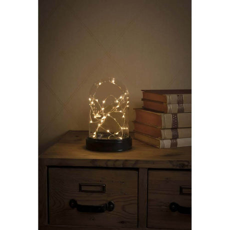 LED Dekoglaskuppel mit silberfarbenem Draht Timer 30 bernsteinfarbene Dioden batteriebetrieben auf einem Holztisch.