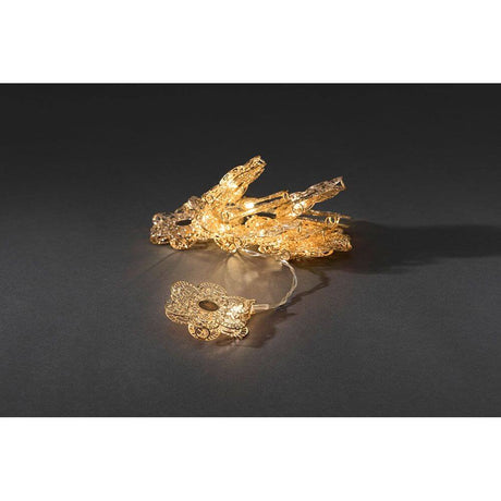 LED Dekolichterkette goldfarbene Metallblumen 10 Warmweiße Dioden batteriebetrieben mit filigranen Blumen