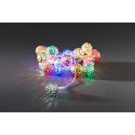 LED Decorative string lights with silver-colored metal balls, 21 colorful diodes with luminous, finely crafted metal balls.