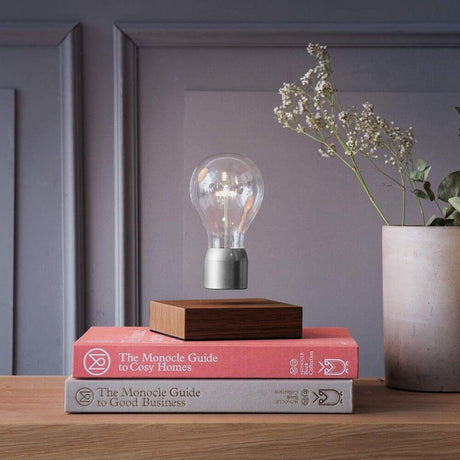 LED-decorative table lamp floating light bulb above books on a table with plants in the background.