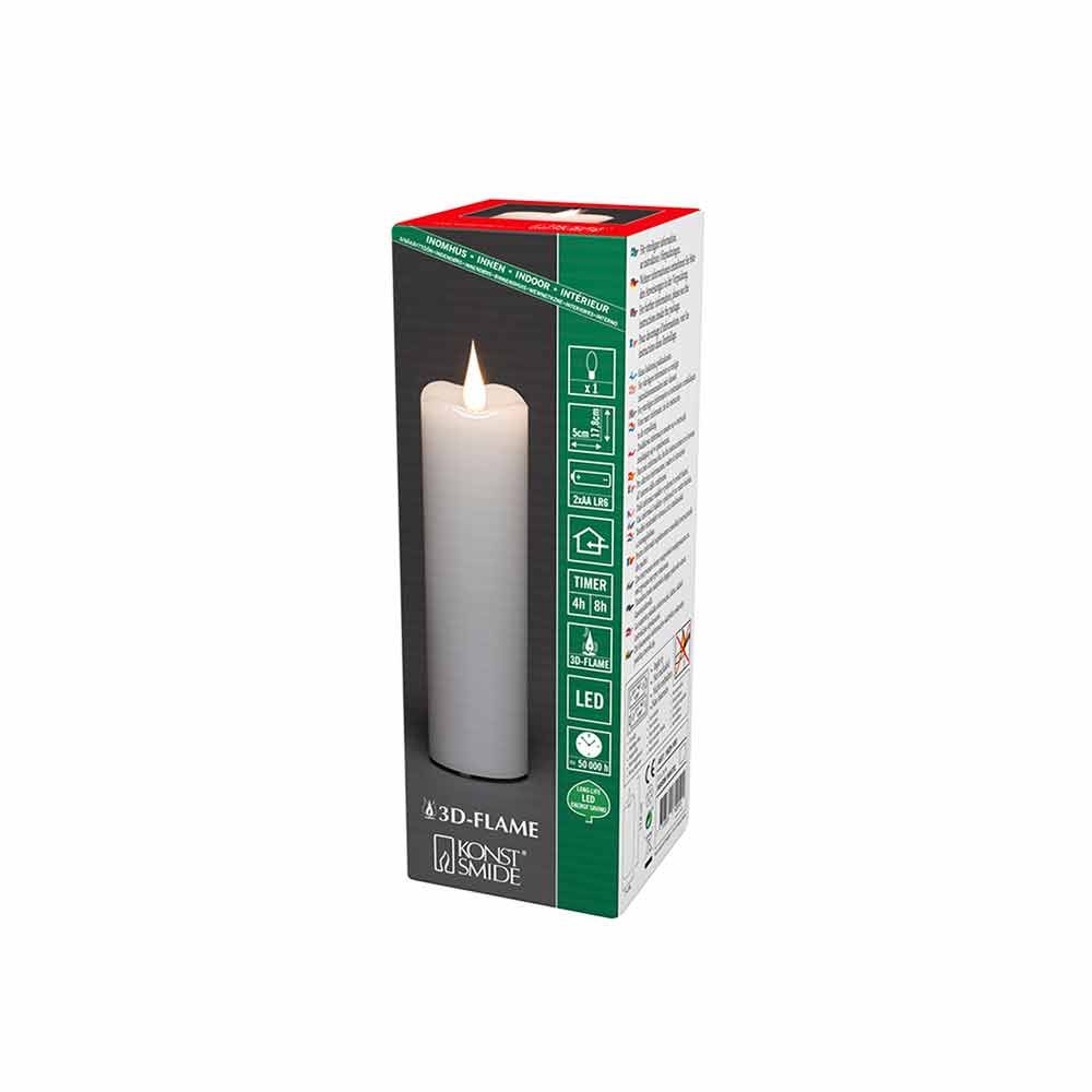 LED Echtwachskerze mit 4/8h Timer, batteriebetrieben in Weiß, abgebildet in dekorativer Verpackung.