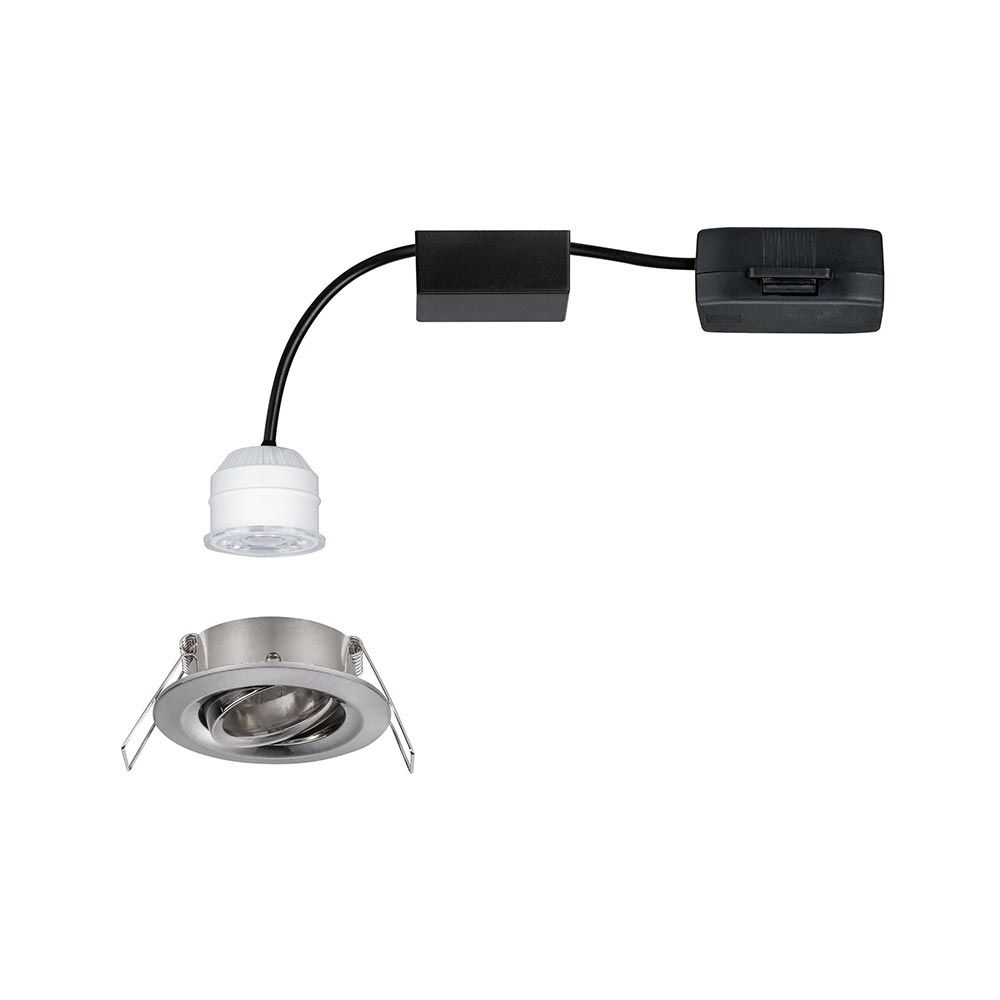 LED Einzelleuchte Nova Mini Spot Plus mit drehbarem Schwenkarm und wechselbarem 35mm Coin in gebürstetem Eisen.
