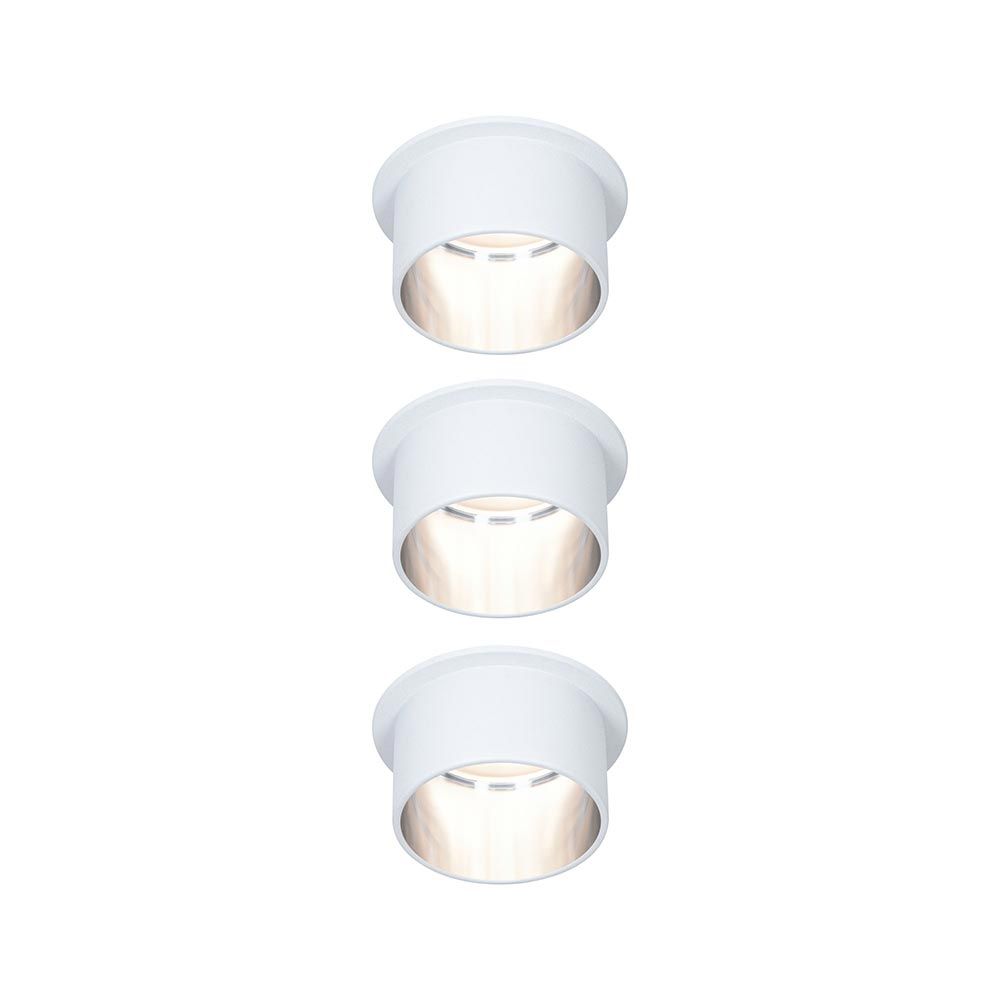 LED Einbauleuchten Gil Basis-Set rund in Weiß mit gebürstetem Eisen, dimmbar und blendfrei.