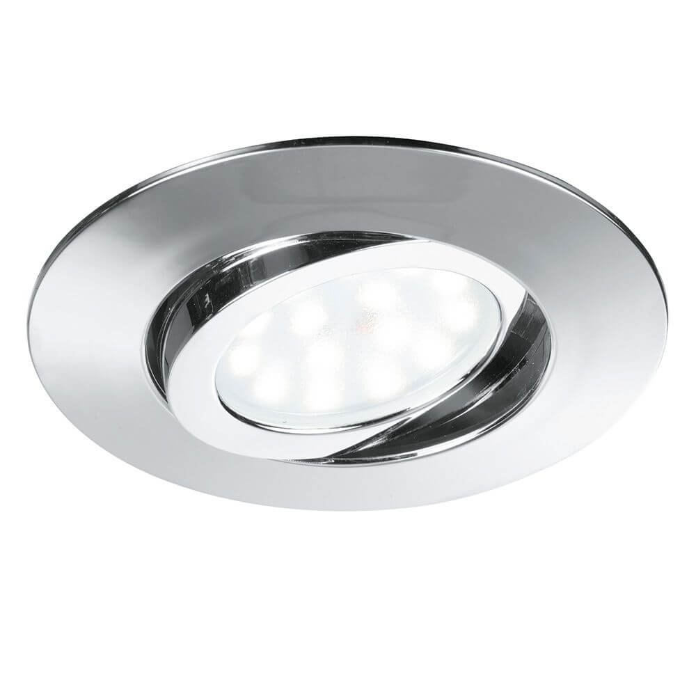 LED Einbauleuchte Movibile IP44 Chrom mit schwenkbarem Kopf und satinierter Diffusor für gleichmäßige Lichtstreuung.