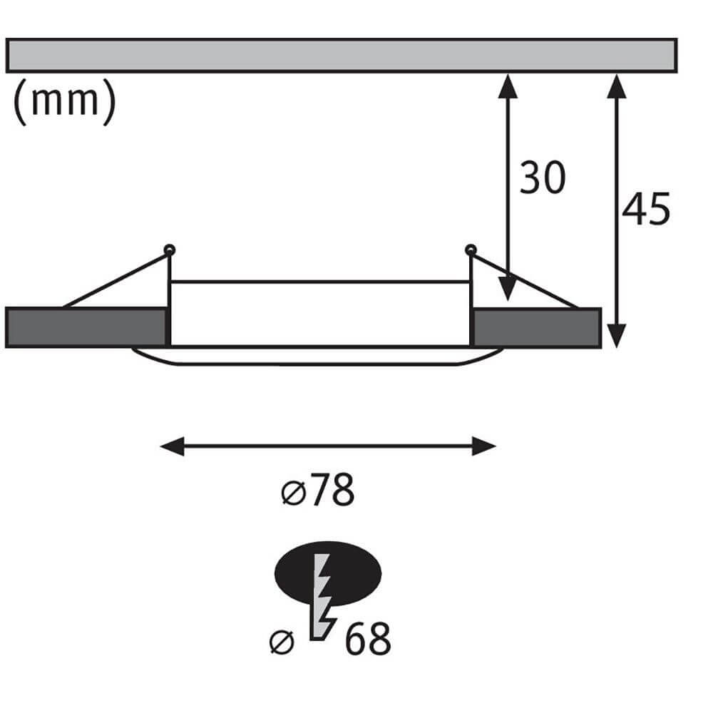 Maßzeichnung der LED Einbauleuchte Nova Rund Ø 7,8 cm mit technischen Spezifikationen.