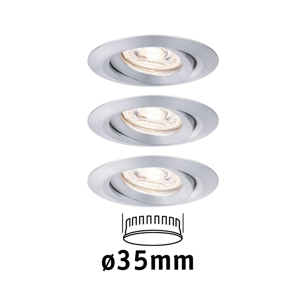 LED Einbauleuchten Nova Mini Basis-Set, schwenkbar, 3 Leuchten, Ø35mm, warmweiße Beleuchtung, Aluminium grau.
