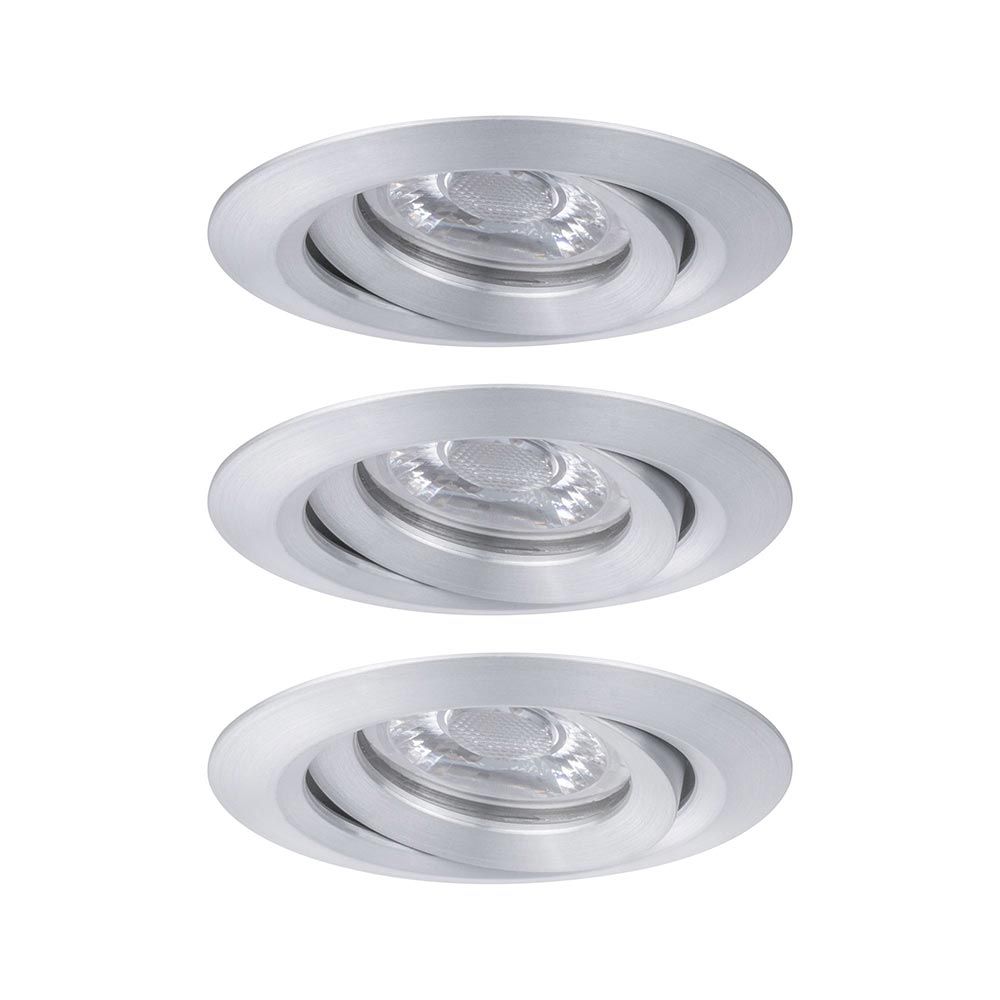 Drei schwenkbare LED Einbauleuchten Nova Mini in Alu für stilvolle Raumbeleuchtung.