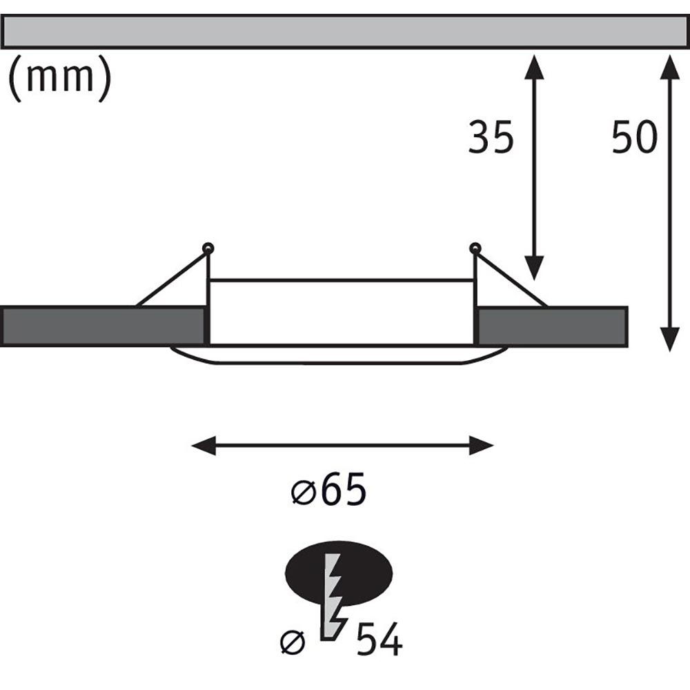 Technische Zeichnung der LED Einbauleuchte Nova Mini mit Abmessungen. Eigenschaften: Ø65mm, Einbauhöhe 35mm, für 230V.