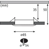 Technische Zeichnung der LED Einbauleuchte Nova Mini mit Abmessungen. Eigenschaften: Ø65mm, Einbauhöhe 35mm, für 230V.