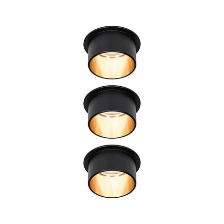 LED Einbauleuchte Stufen-Dimmer Gil Basis-Set 68mm Schwarz-Matt im 3er-Set mit goldfarbenem Innenleben.