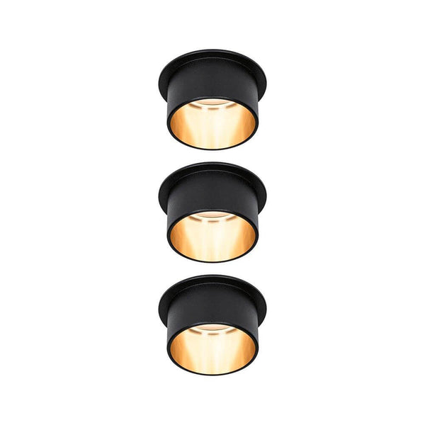 LED Einbauleuchte Stufen-Dimmer Gil Basis-Set 68mm Schwarz-Matt im 3er-Set mit goldfarbenem Innenleben.